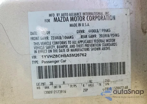 2010 Mazda 6 I z USA, uszkodzony, nr VIN 1YVHZ8CH9A5M26762